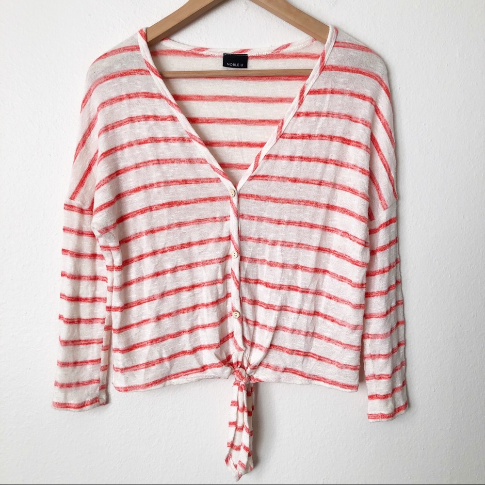 Noble U Coral White Striped Shirt Gauze Knit Button Tie Front V Neck Top Size M
